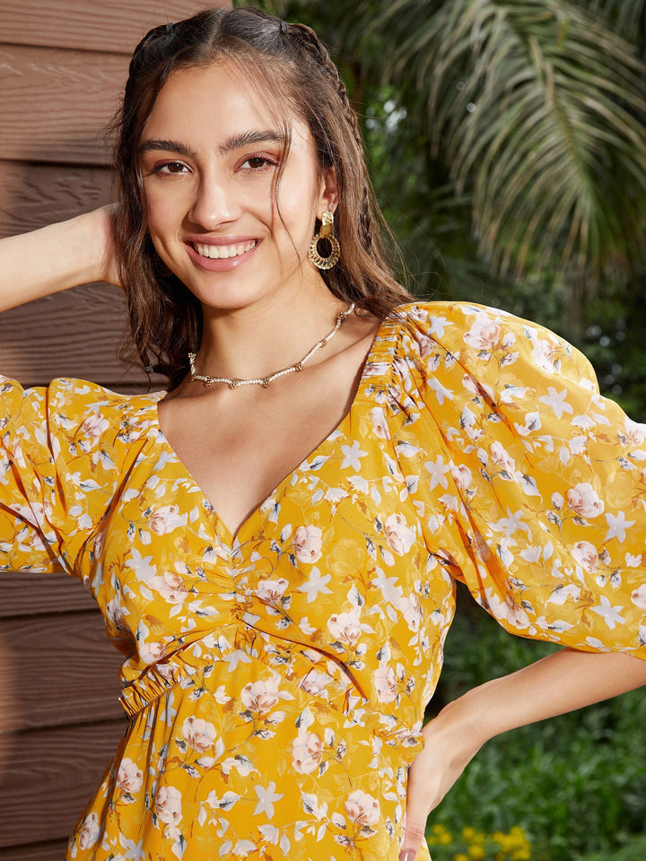 Women's Yellow Floral Ruched Midi Dress - SASSAFRAS