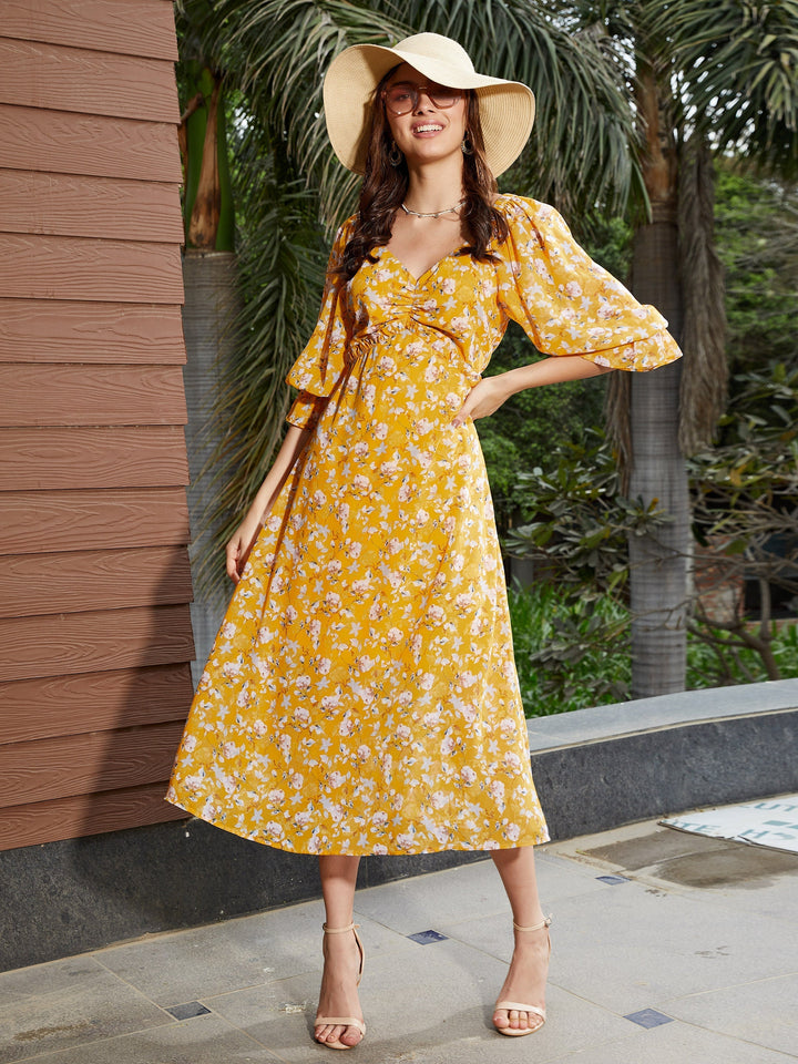 Women's Yellow Floral Ruched Midi Dress - SASSAFRAS