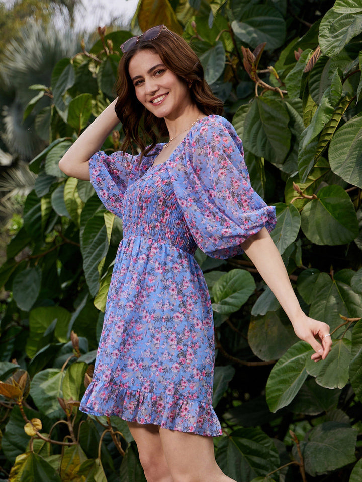 Women's Blue Floral Off Shoulder Mini Dress - SASSAFRAS
