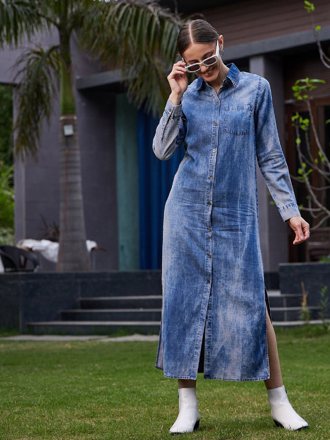Women's Blue Acid Wash Tencel Maxi Shirt Dress - SASSAFRAS