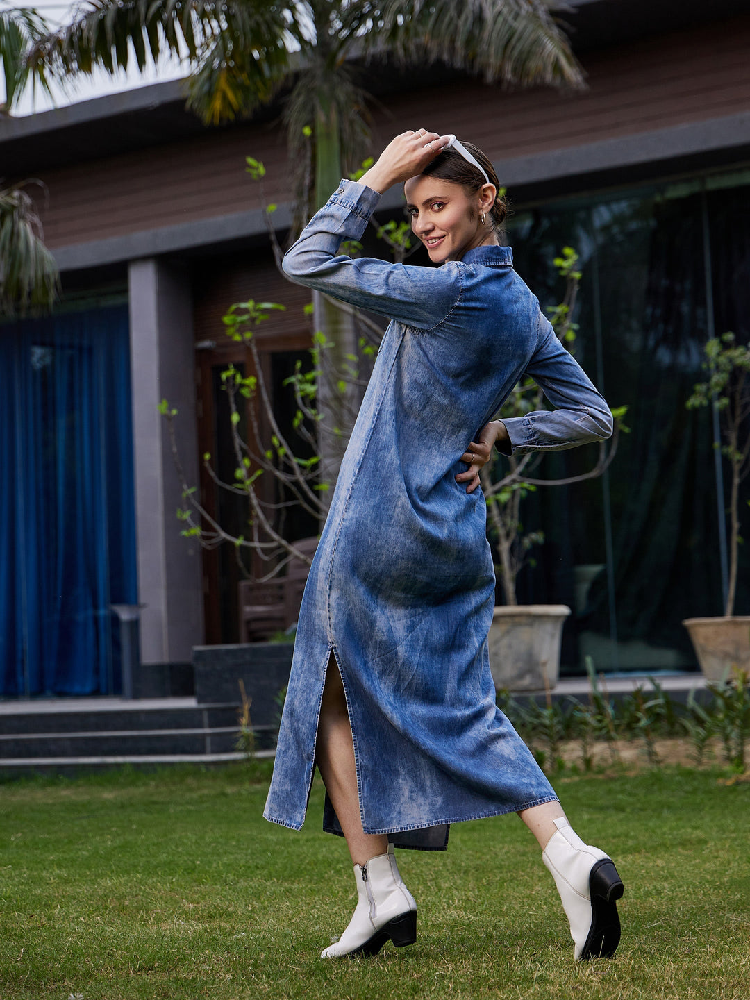 Women's Blue Acid Wash Tencel Maxi Shirt Dress - SASSAFRAS