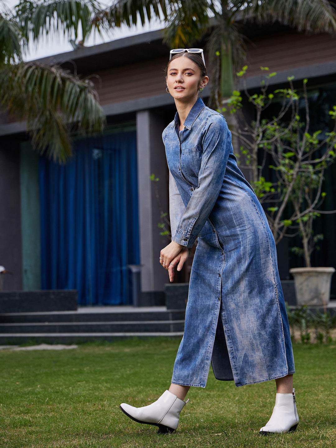 Women's Blue Acid Wash Tencel Maxi Shirt Dress - SASSAFRAS