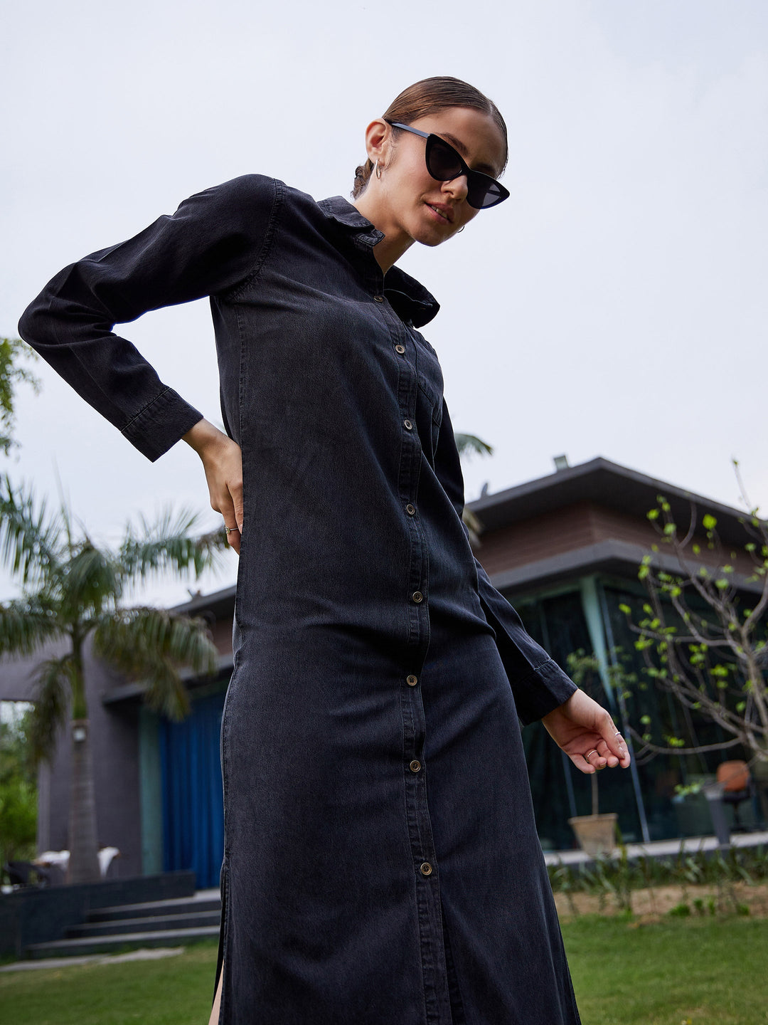Women's Black Acid Wash Tencel Maxi Shirt Dress - SASSAFRAS Blackbeads Women's Black Acid Wash Tencel Maxi Shirt Dress - SASSAFRAS Blackbeads