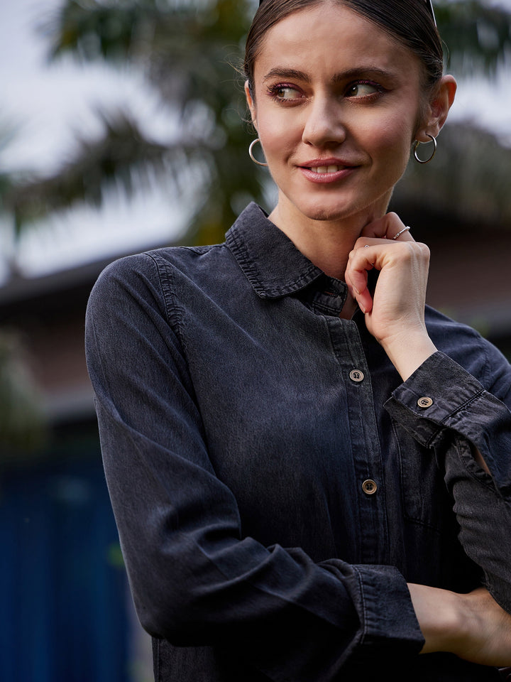 Women's Black Acid Wash Tencel Maxi Shirt Dress - SASSAFRAS