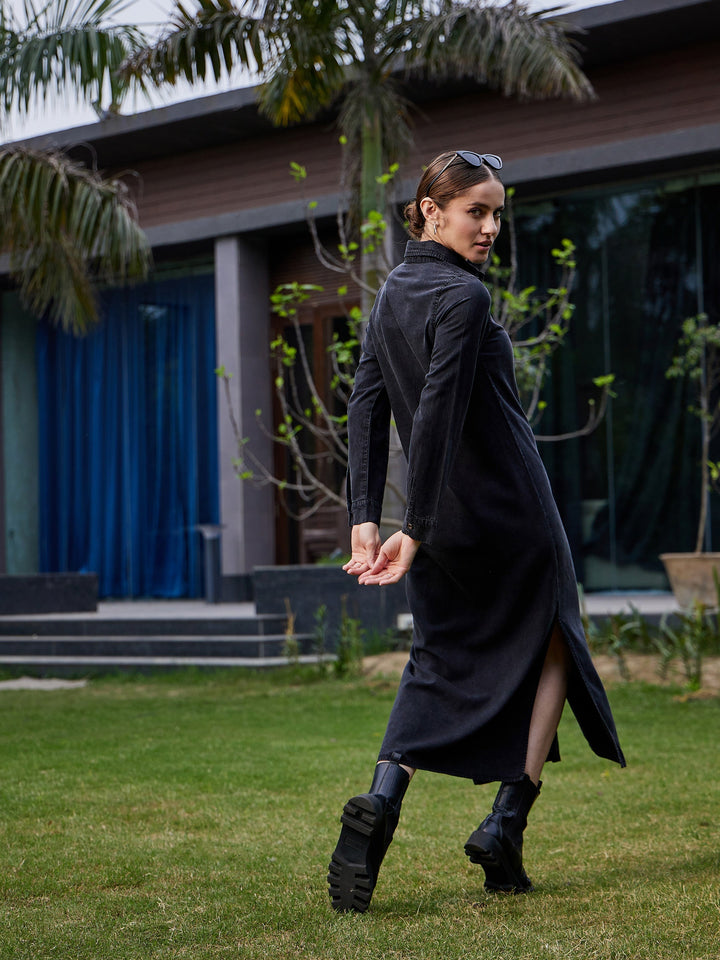 Women's Black Acid Wash Tencel Maxi Shirt Dress - SASSAFRAS