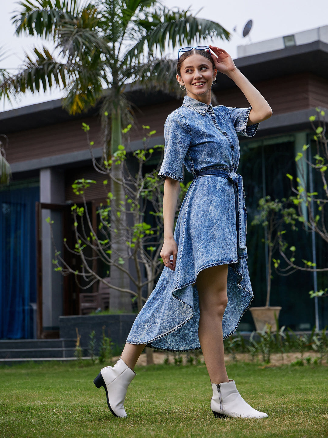 Women's Blue Washed High Low Dress - SASSAFRAS
