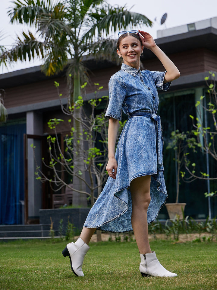 Women's Blue Washed High Low Dress - SASSAFRAS