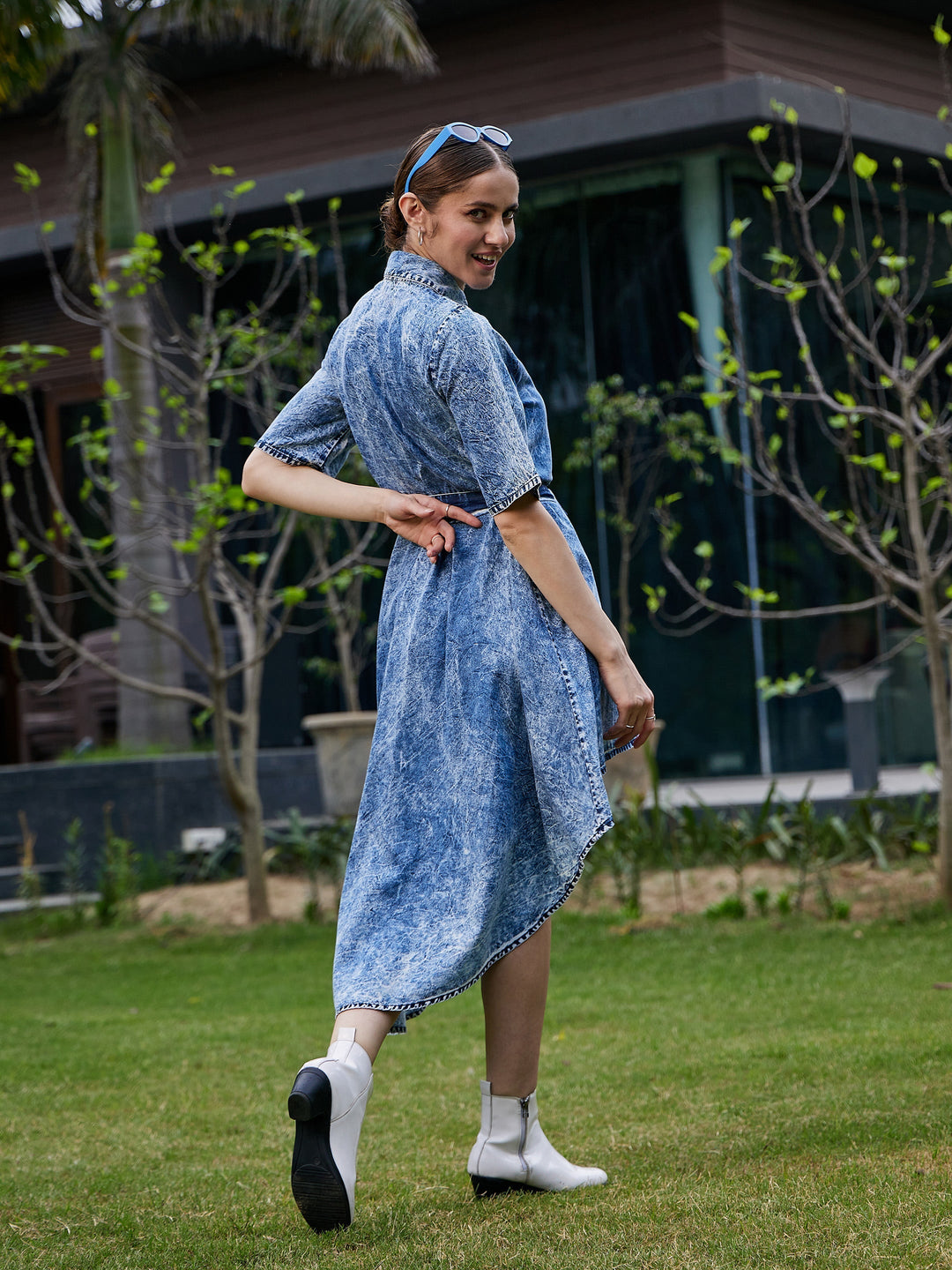 Women's Blue Washed High Low Dress - SASSAFRAS