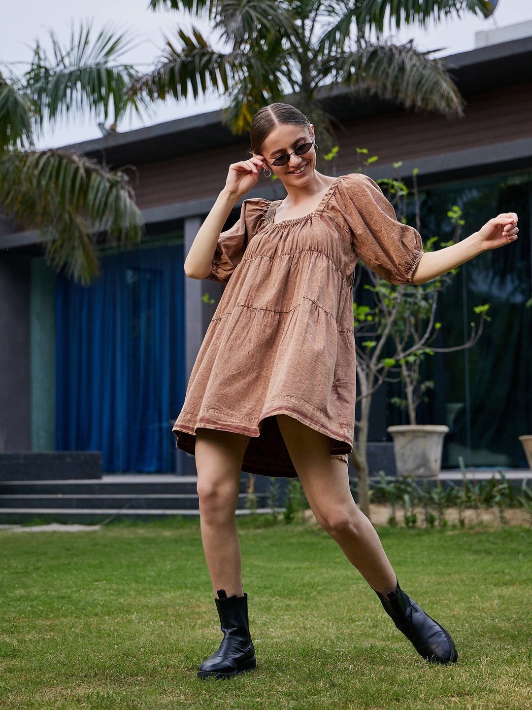 Women's Brown Washed Tiered Dress - SASSAFRAS