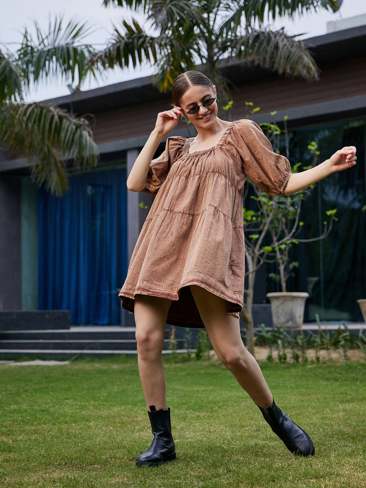 Women's Brown Washed Tiered Dress - SASSAFRAS