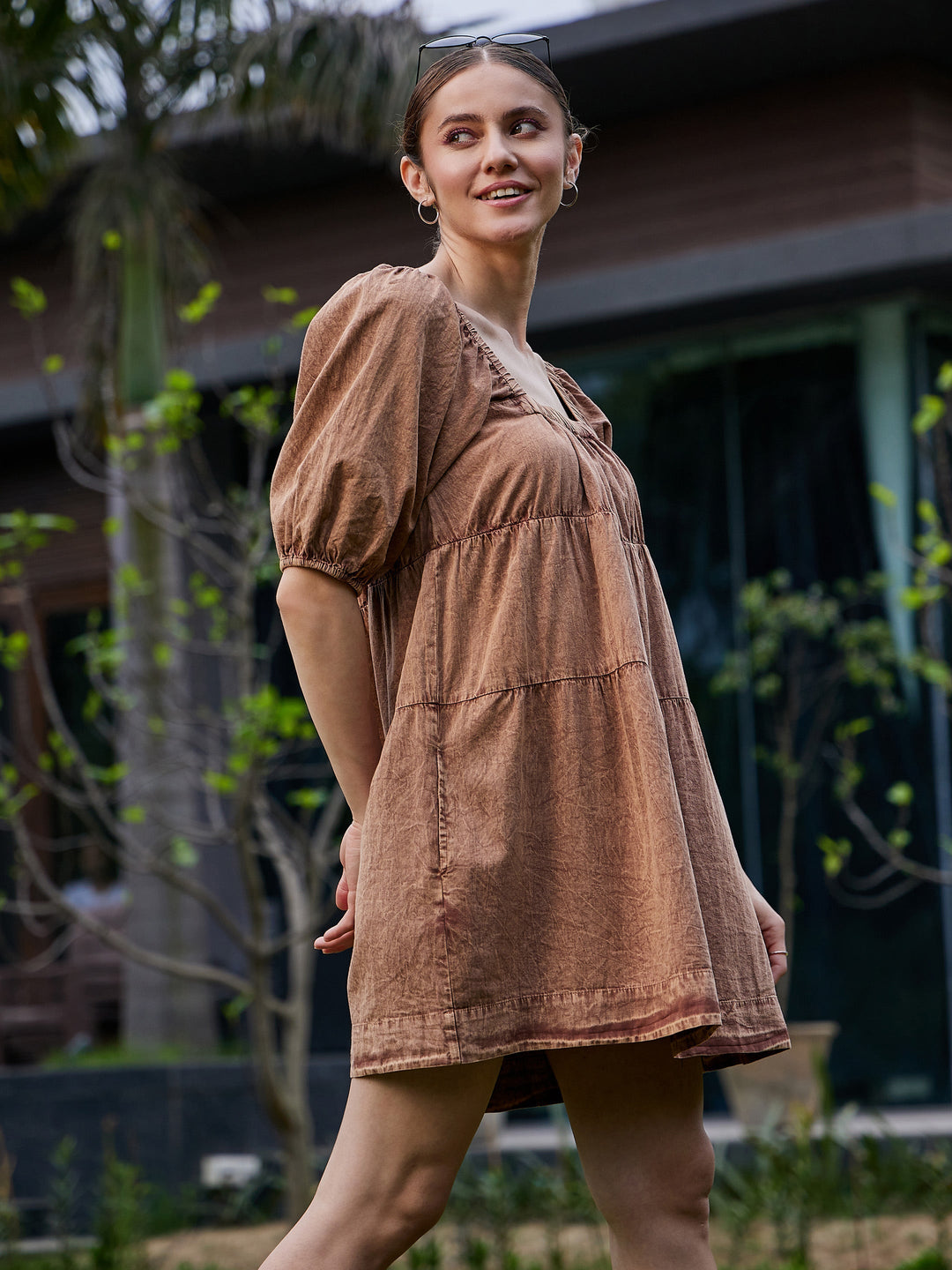 Women's Brown Washed Tiered Dress - SASSAFRAS