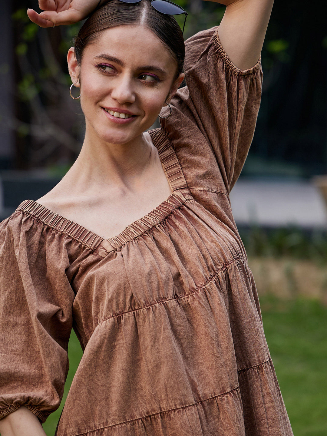 Women's Brown Washed Tiered Dress - SASSAFRAS