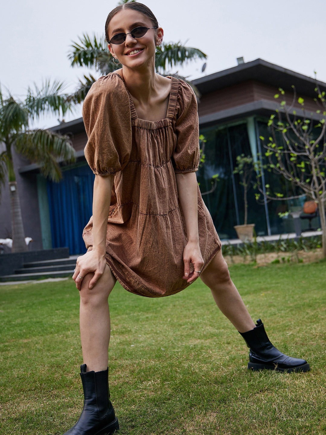 Women's Brown Washed Tiered Dress - SASSAFRAS