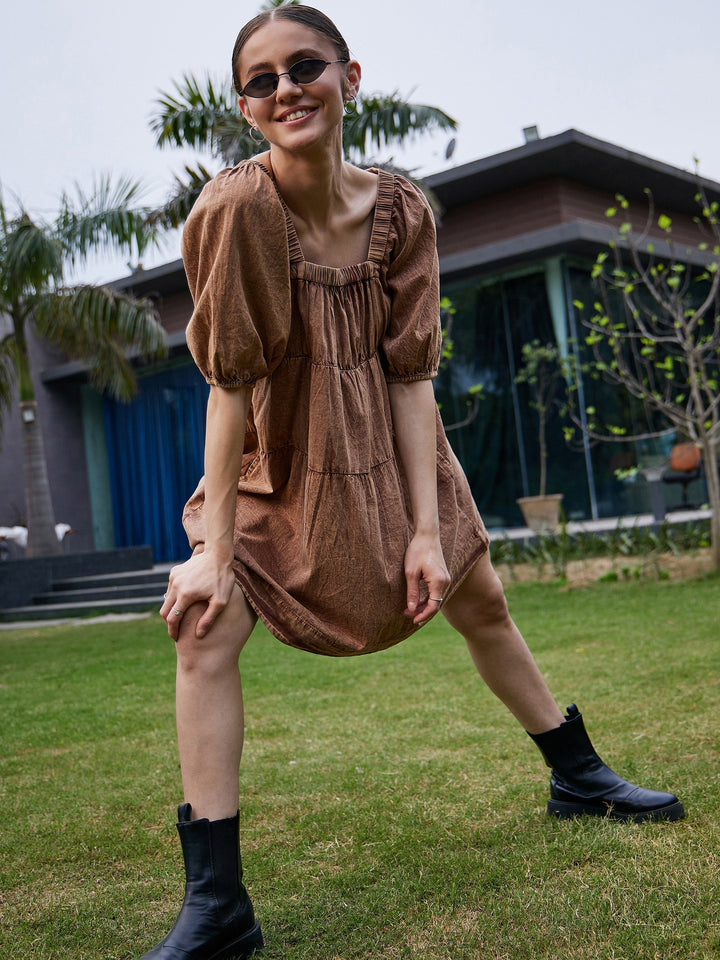 Women's Brown Washed Tiered Dress - SASSAFRAS