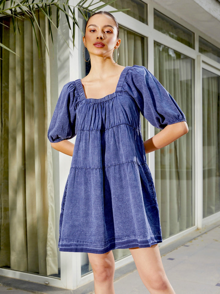 Women's Blue Washed Tiered Dress - SASSAFRAS