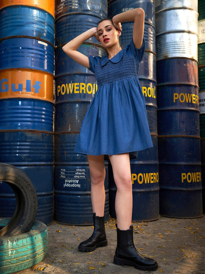 Women's Blue Smocking Collar Dress - SASSAFRAS