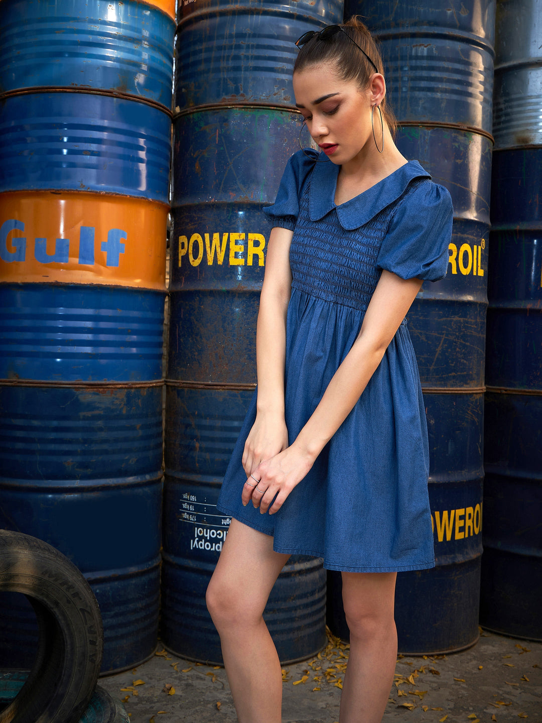 Women's Blue Smocking Collar Dress - SASSAFRAS