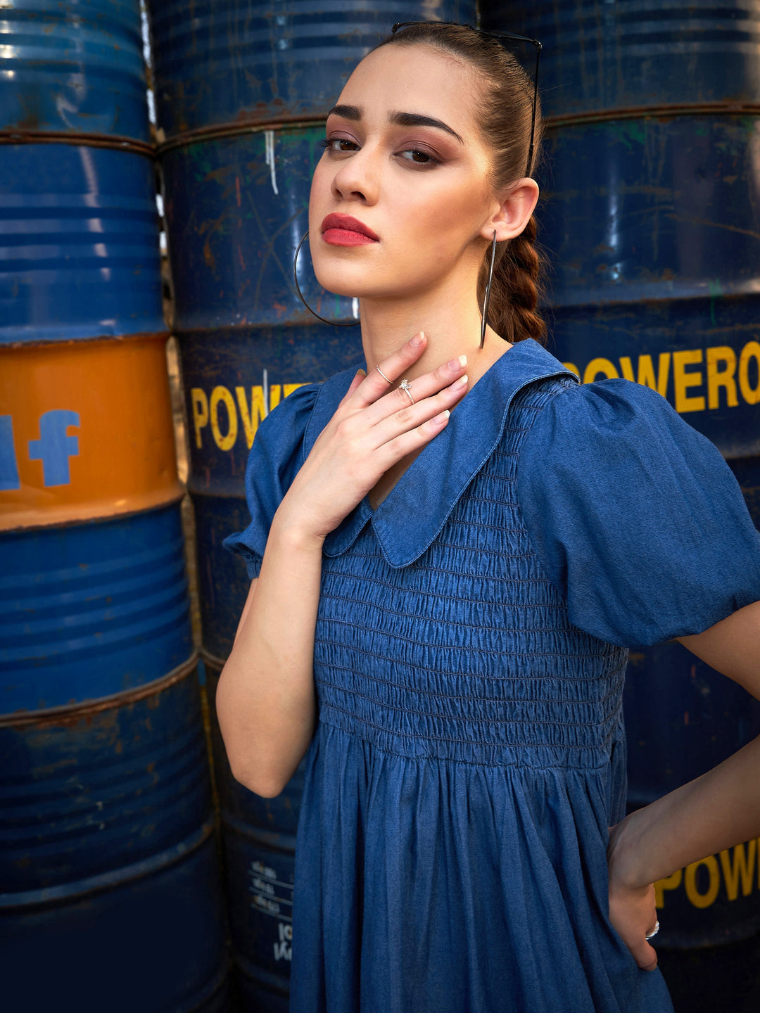 Women's Blue Smocking Collar Dress - SASSAFRAS