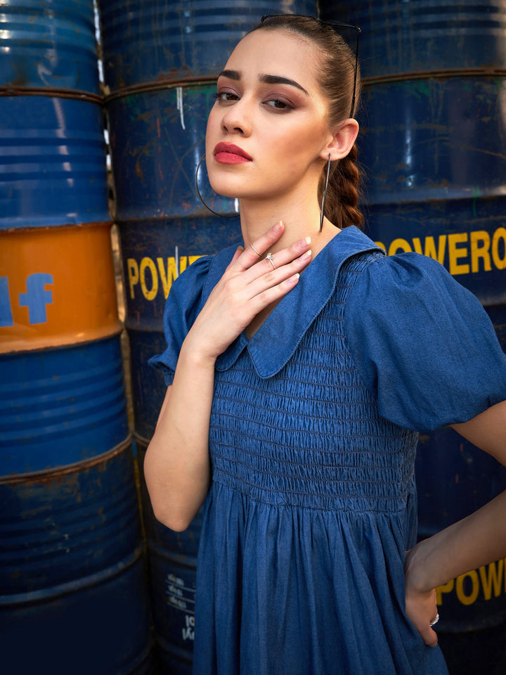 Women's Blue Smocking Collar Dress - SASSAFRAS