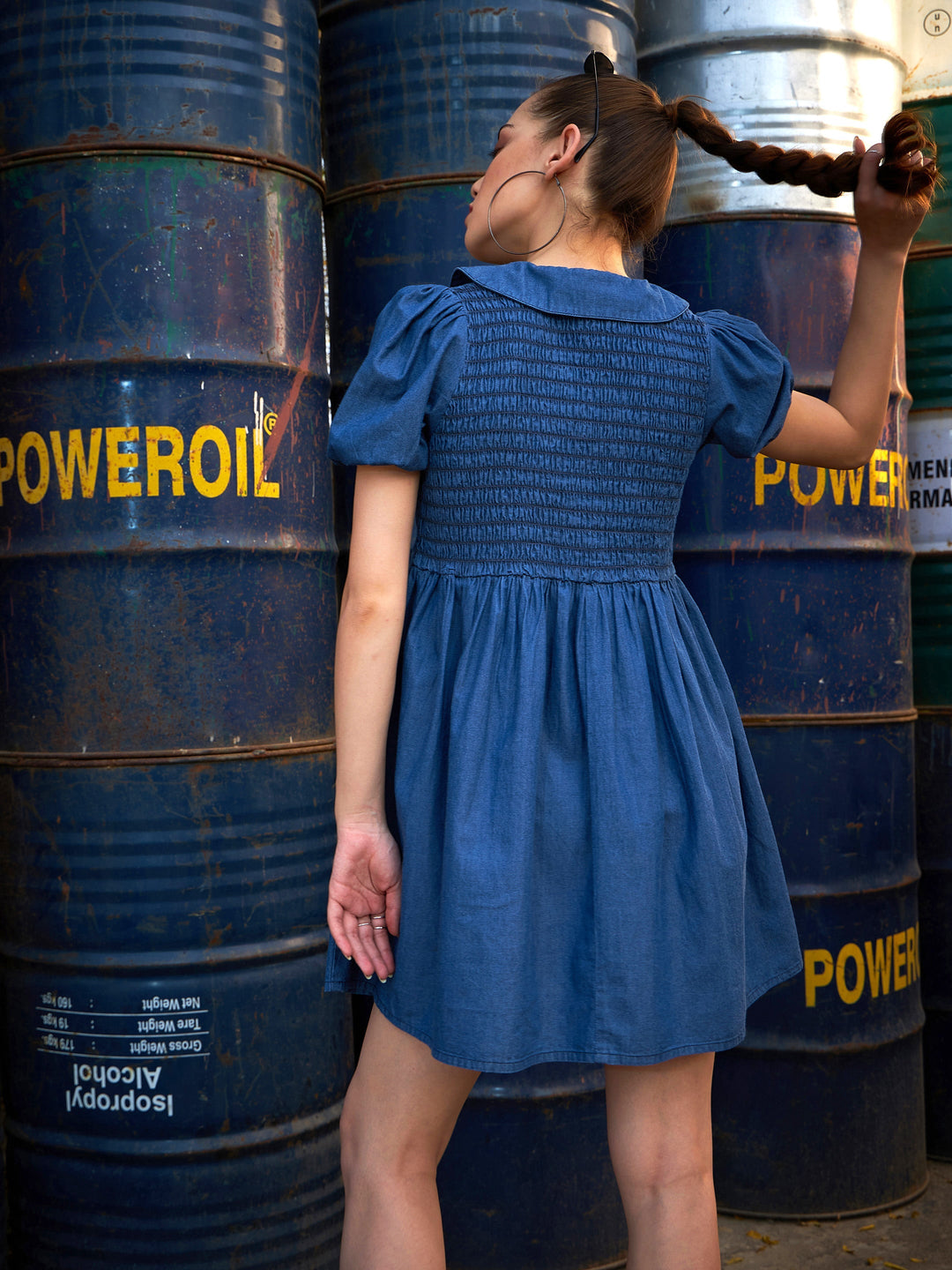 Women's Blue Smocking Collar Dress - SASSAFRAS