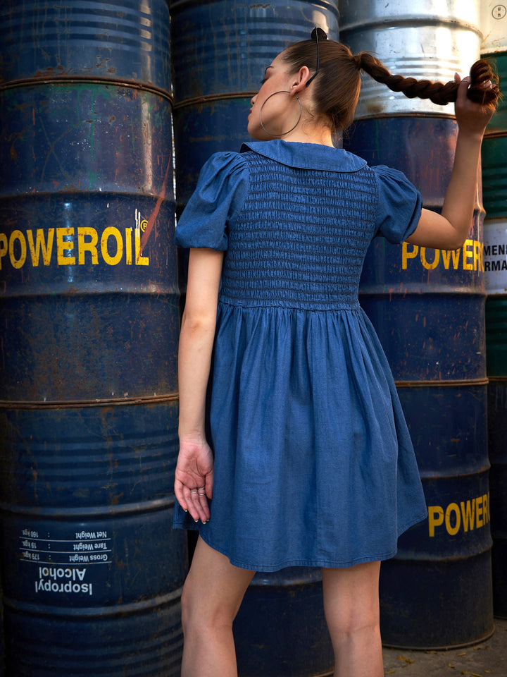Women's Blue Smocking Collar Dress - SASSAFRAS