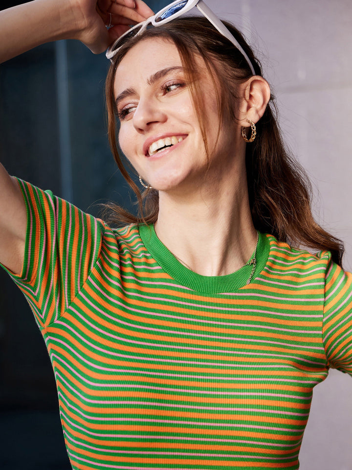 Women's Green & Orange Striped Round Neck Rib Dress - SASSAFRAS