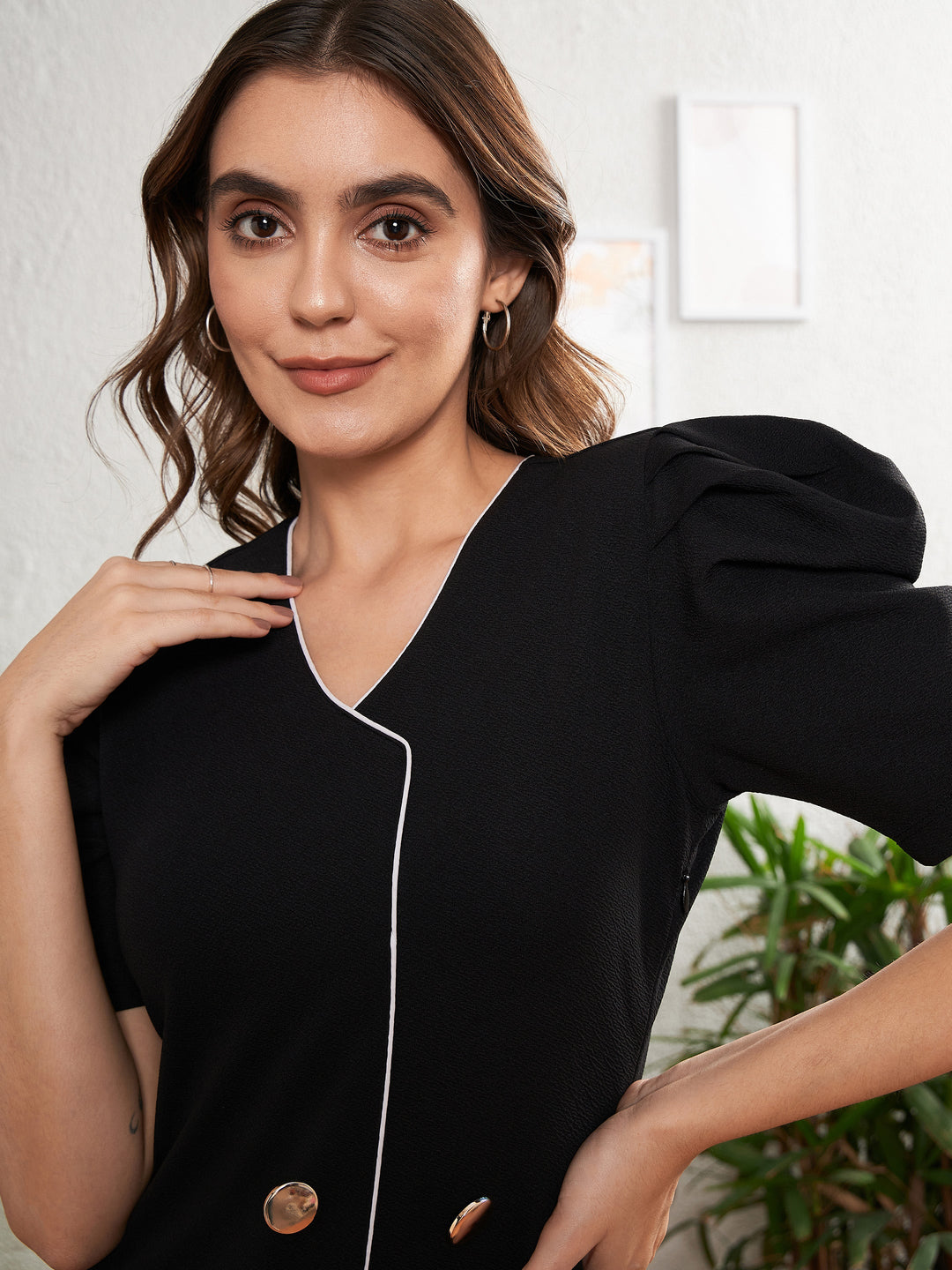 Women's Black Double Button Placket Bodycon Dress - SASSAFRAS