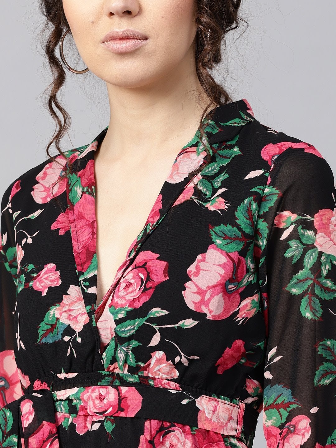 Women's Black Floral Belted Maxi Dress - SASSAFRAS