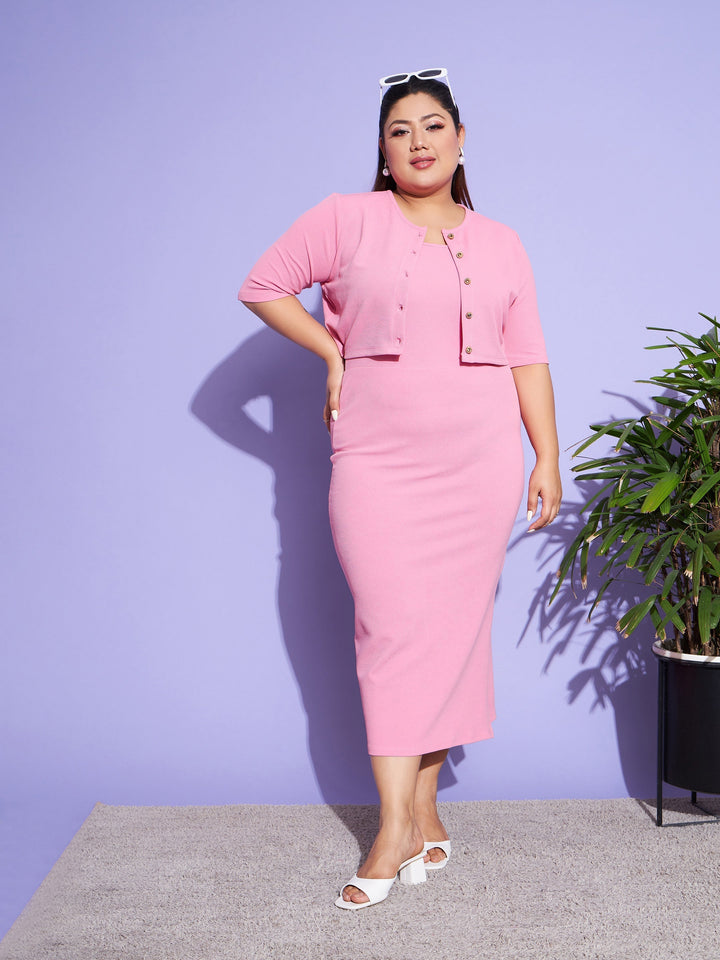 Women's Pink Solid Strappy Dress With Shrug - SASSAFRAS