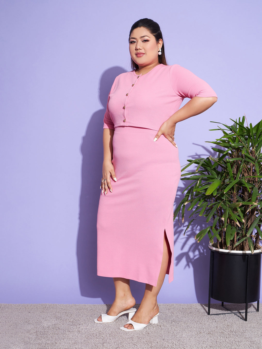 Women's Pink Solid Strappy Dress With Shrug - SASSAFRAS