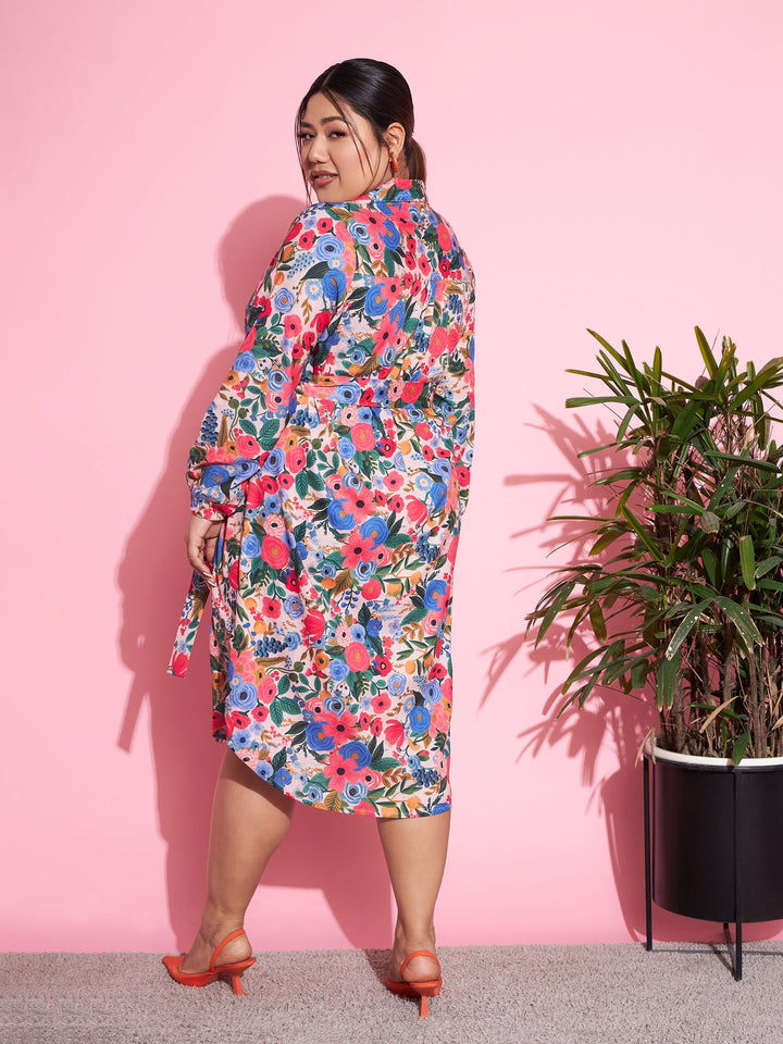 Women's Multi Floral Self Fabric Belted Shirt Dress - SASSAFRAS