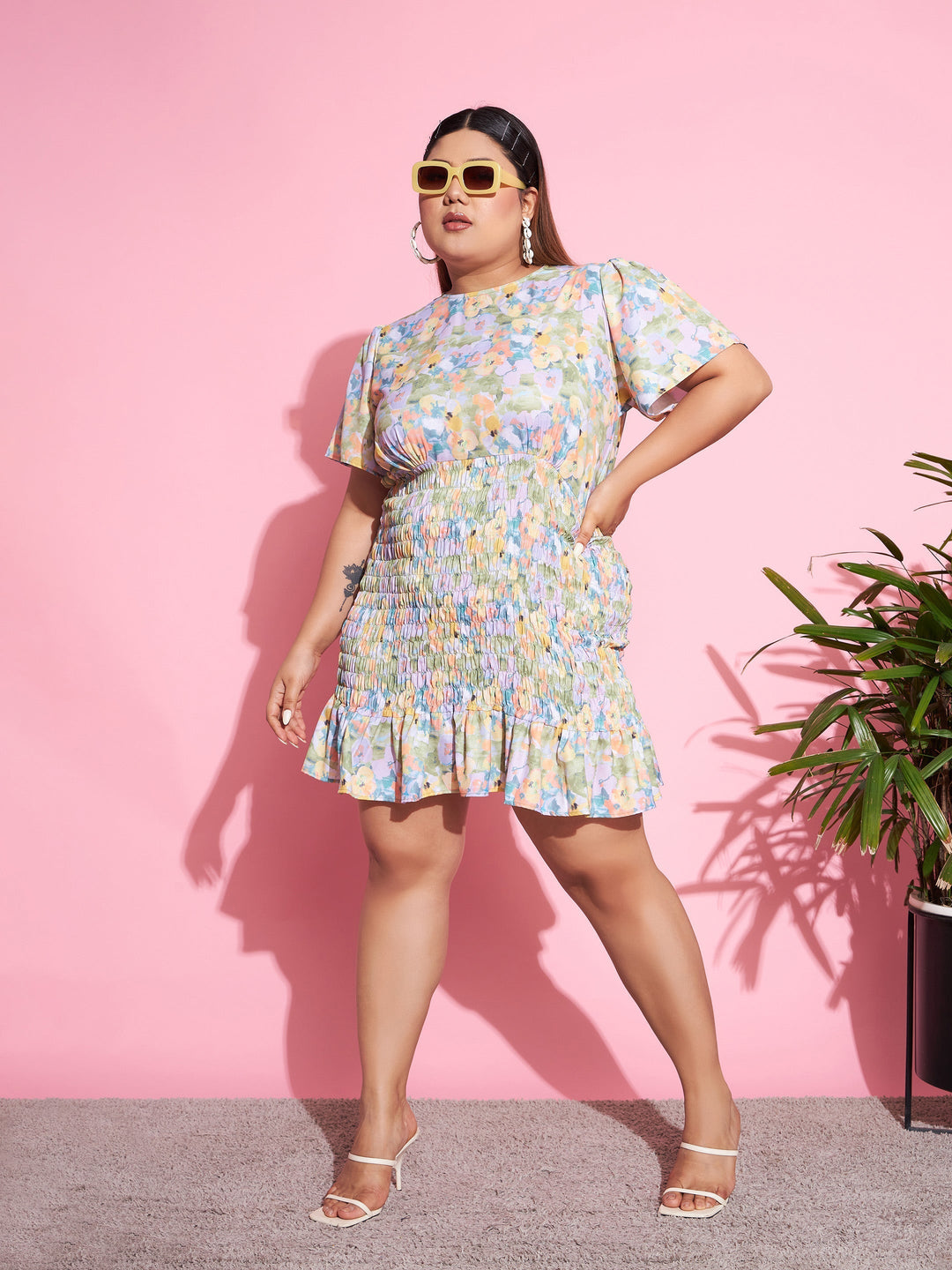 Women's Green Floral Smocked Short Dress - SASSAFRAS