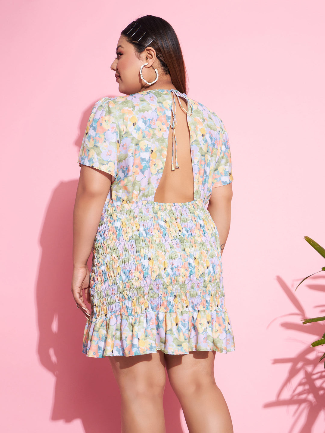 Women's Green Floral Smocked Short Dress - SASSAFRAS