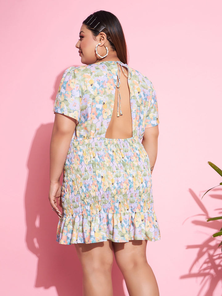 Women's Green Floral Smocked Short Dress - SASSAFRAS