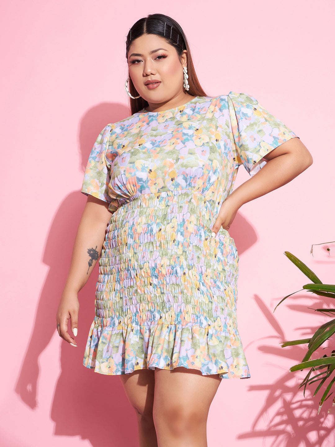 Women's Green Floral Smocked Short Dress - SASSAFRAS