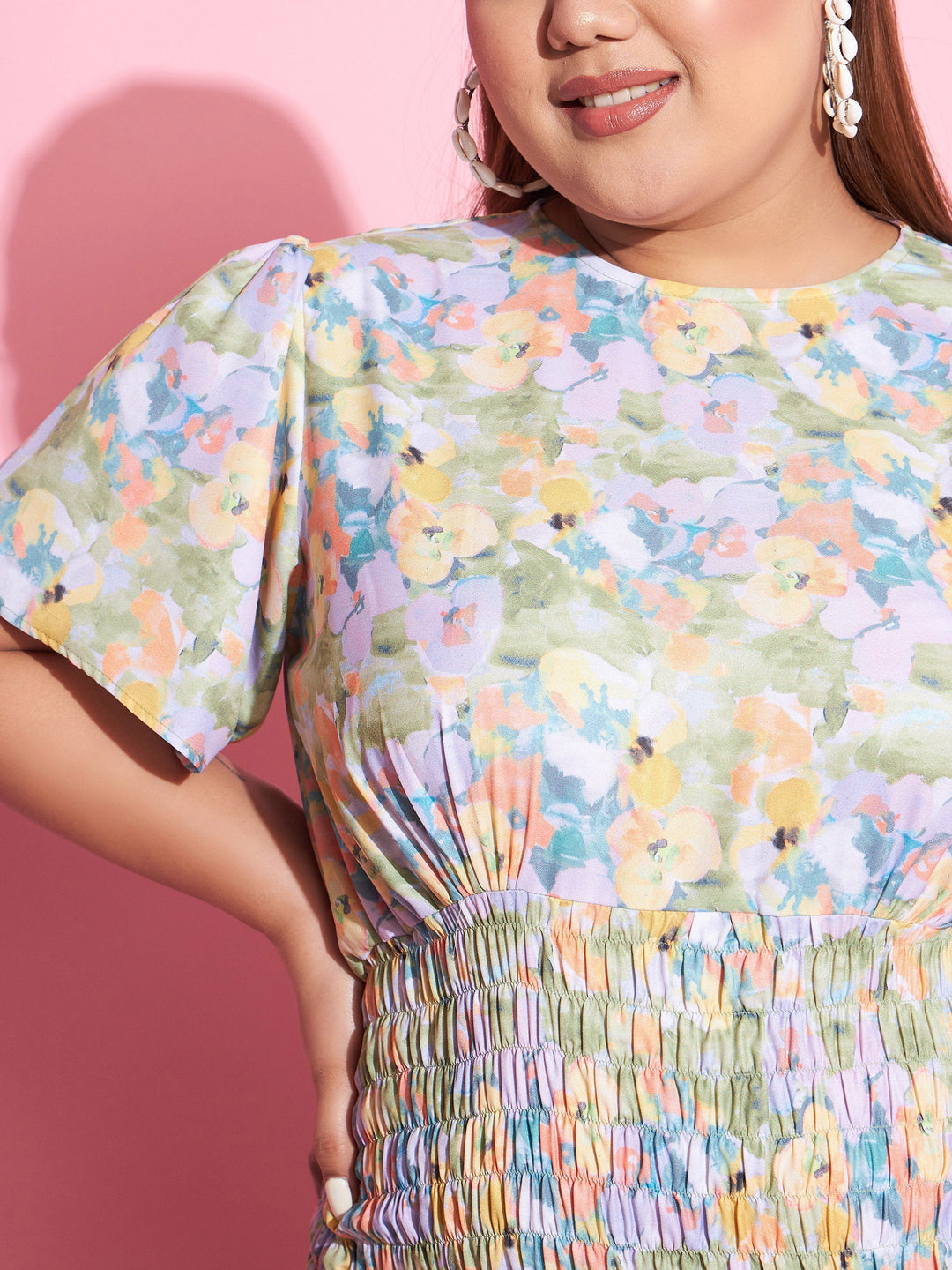 Women's Green Floral Smocked Short Dress - SASSAFRAS