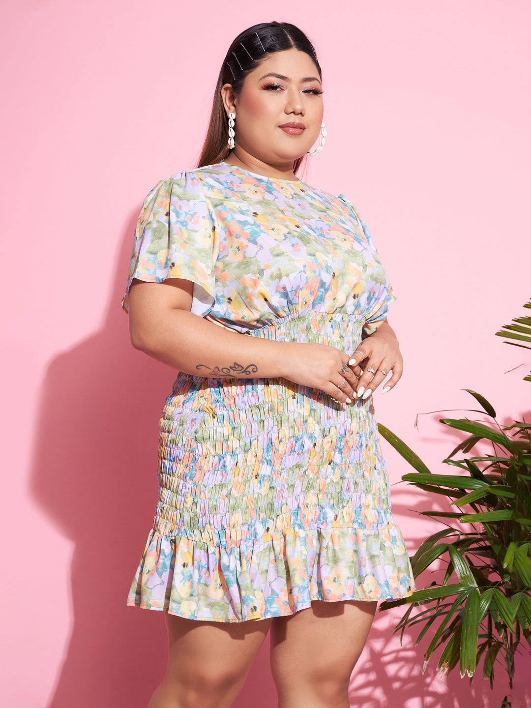 Women's Green Floral Smocked Short Dress - SASSAFRAS