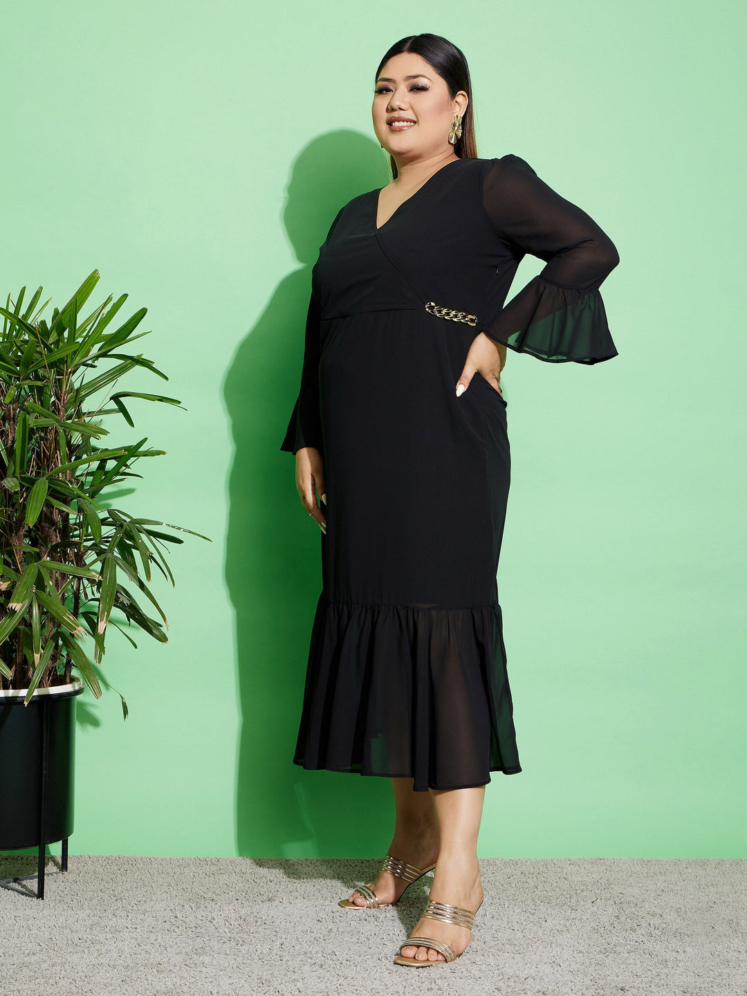 Women's Black Chain Detail Wrap Dress - SASSAFRAS