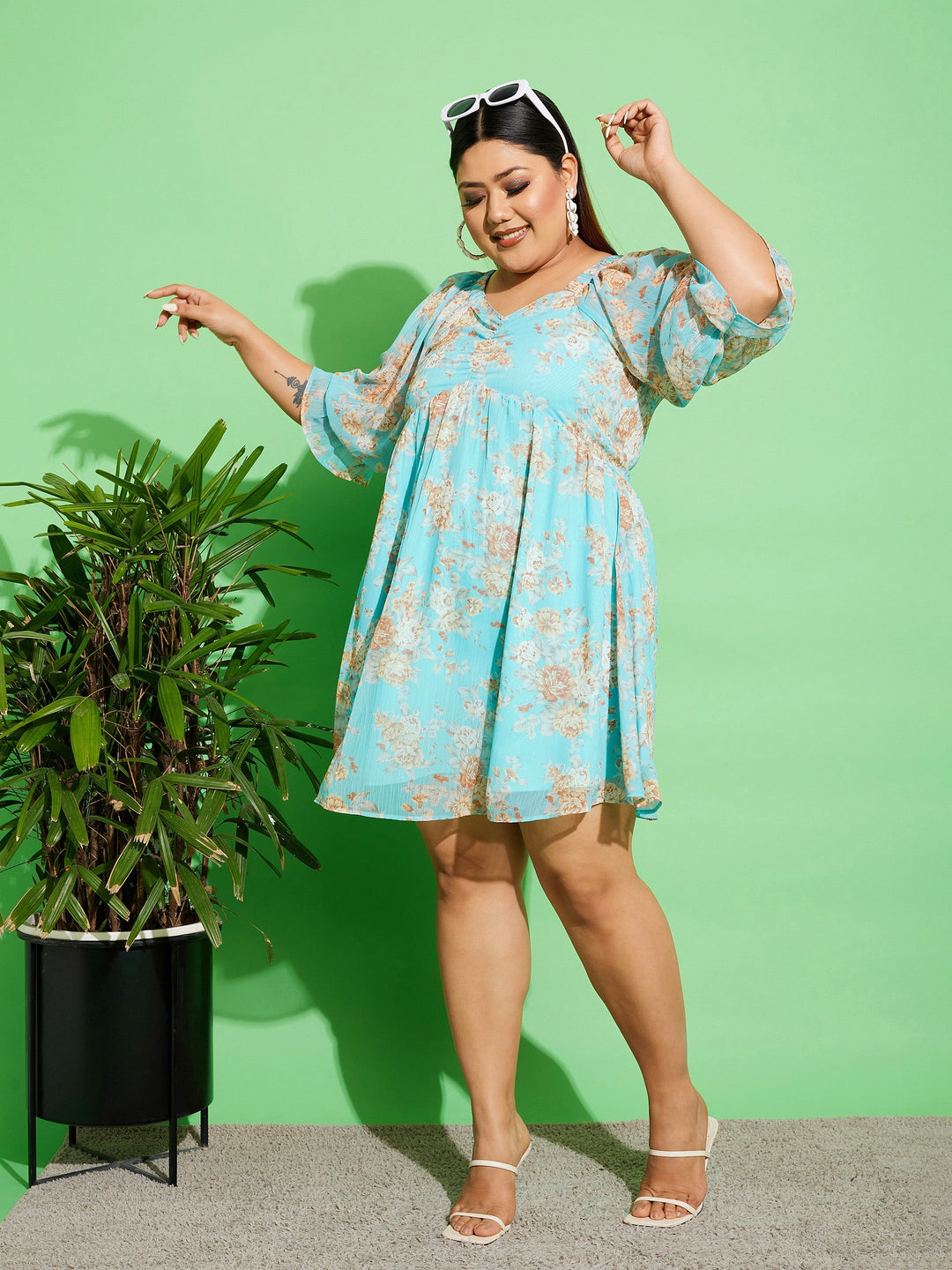 Women's Blue Floral Chiffon Back Detail Skater Dress - SASSAFRAS