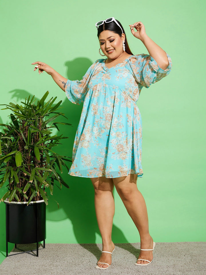 Women's Blue Floral Chiffon Back Detail Skater Dress - SASSAFRAS