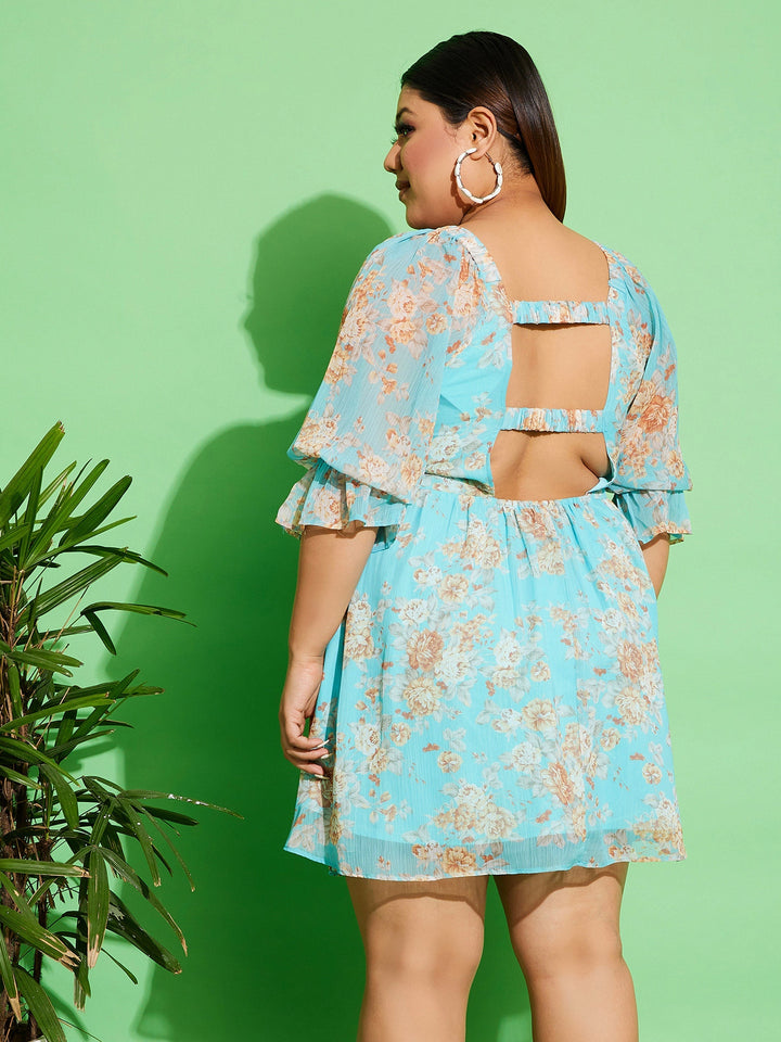 Women's Blue Floral Chiffon Back Detail Skater Dress - SASSAFRAS