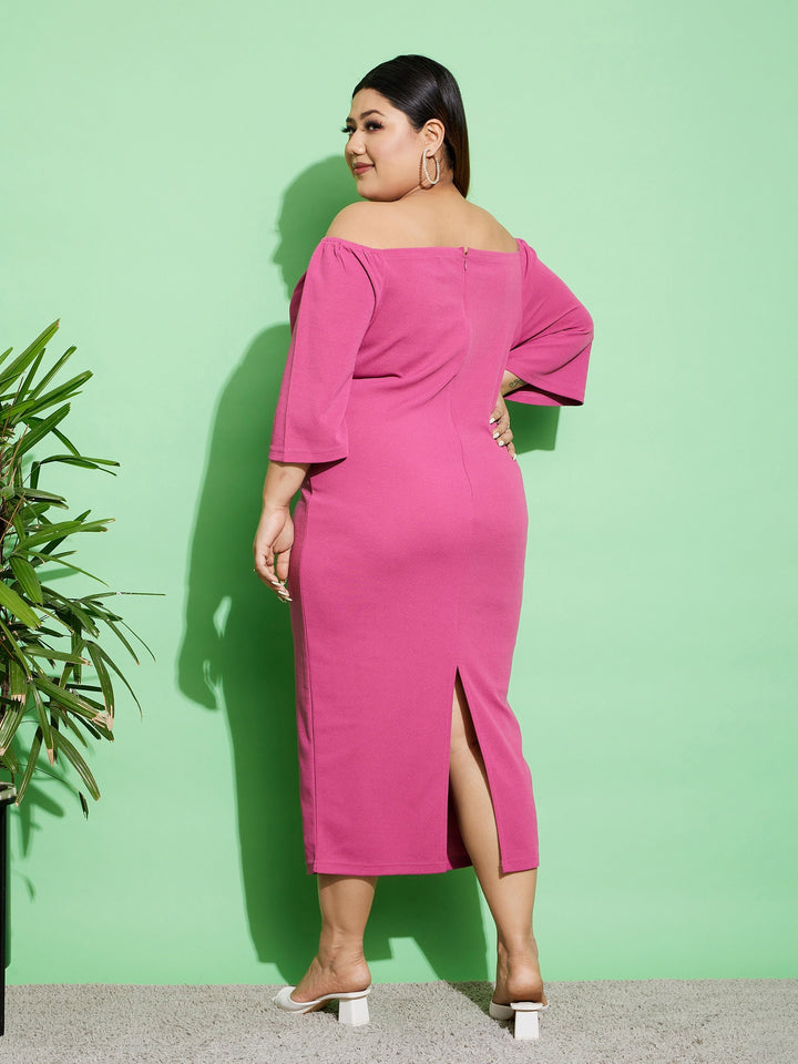 Women's Pink Off Shoulder Bodycon Midi Dress - SASSAFRAS