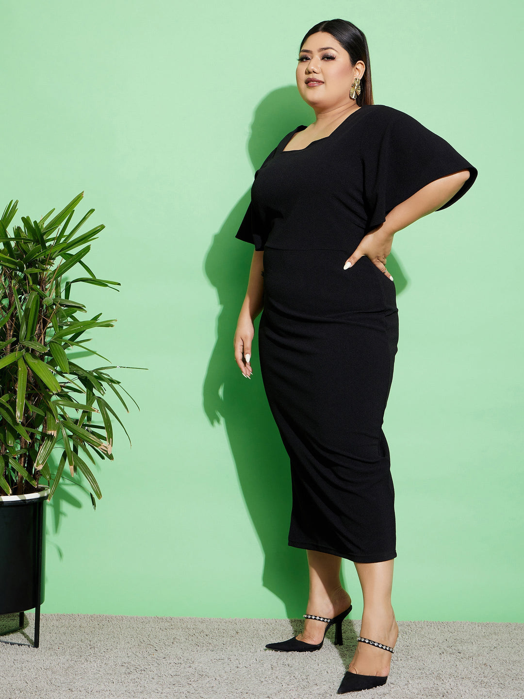 Women's Black Butterfly Sleeve Bodycon Ankle Dress - SASSAFRAS