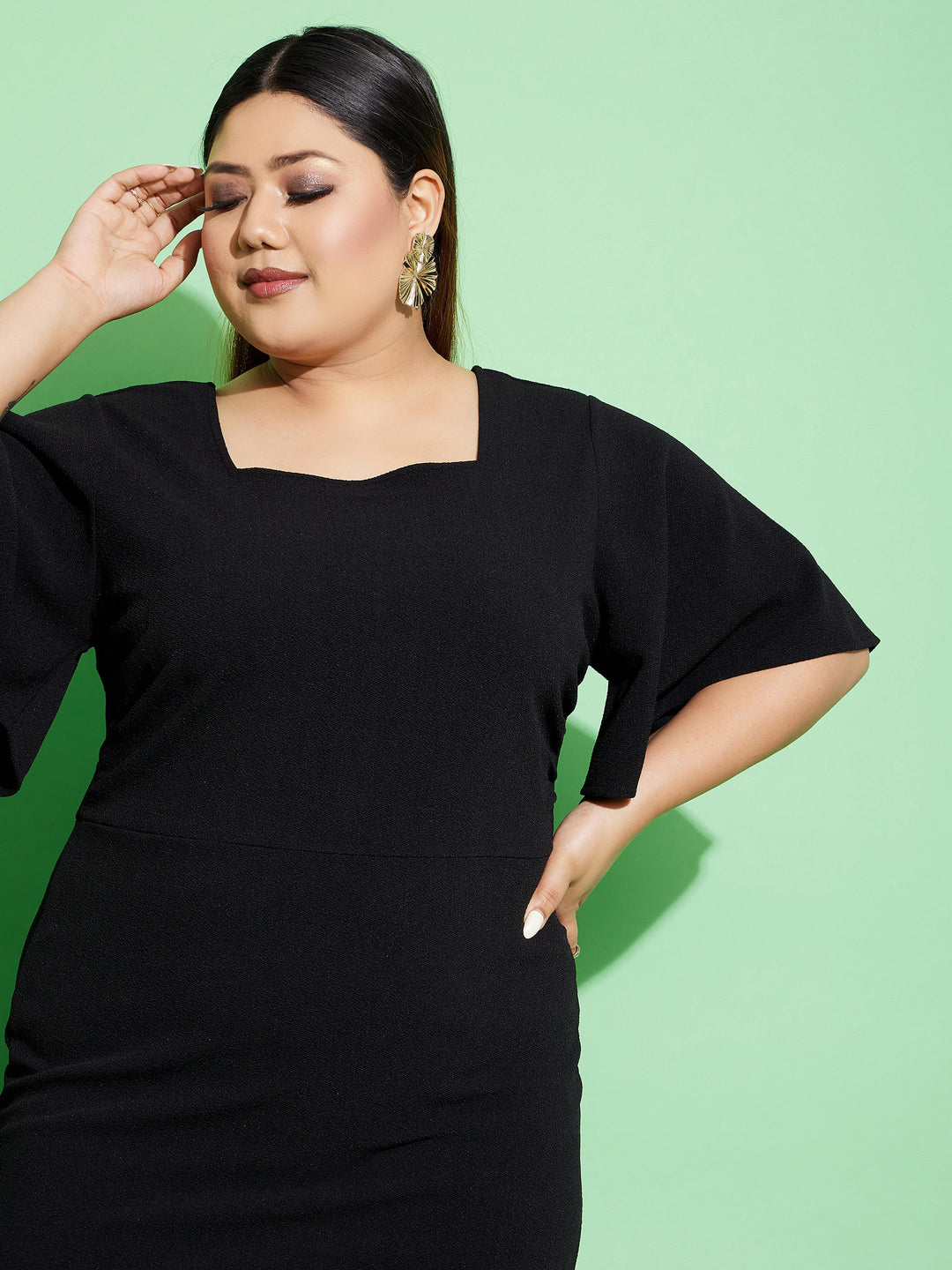 Women's Black Butterfly Sleeve Bodycon Ankle Dress - SASSAFRAS