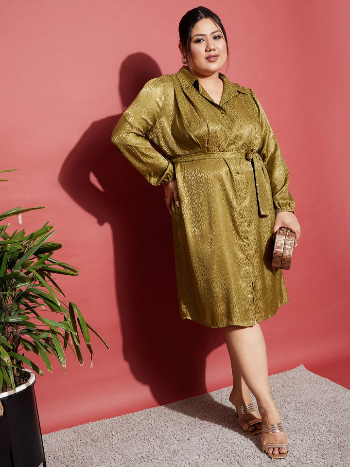 Women's Olive Satin Jacquard Belted Shirt Dress - SASSAFRAS