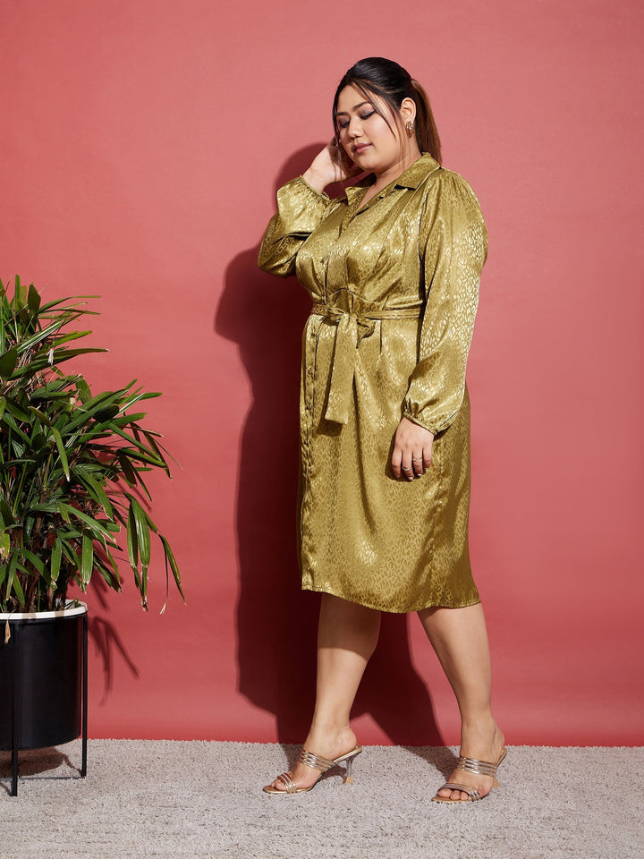 Women's Olive Satin Jacquard Belted Shirt Dress - SASSAFRAS