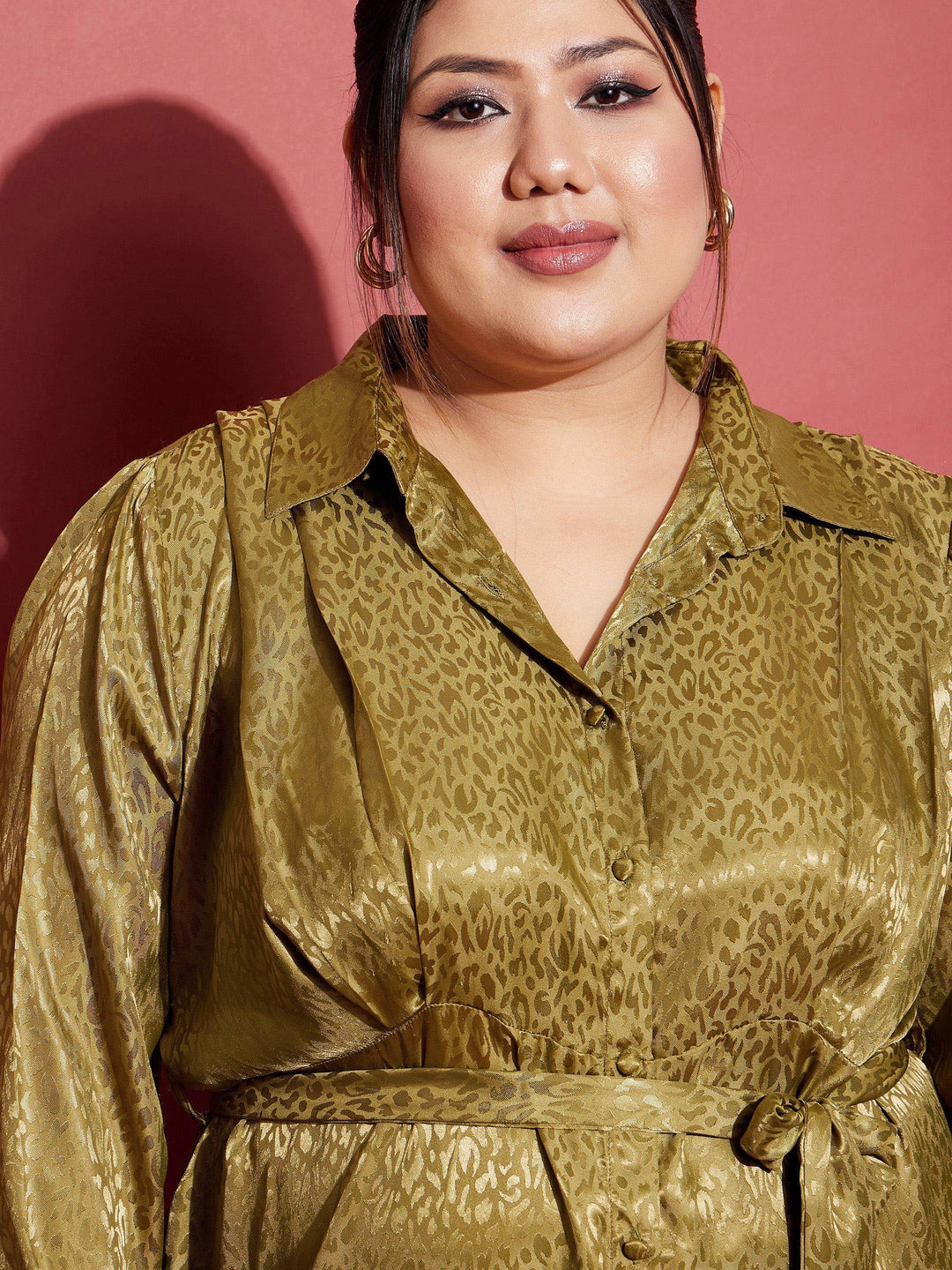 Women's Olive Satin Jacquard Belted Shirt Dress - SASSAFRAS