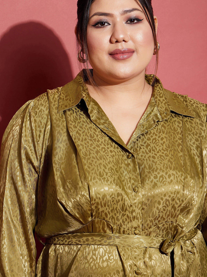Women's Olive Satin Jacquard Belted Shirt Dress - SASSAFRAS