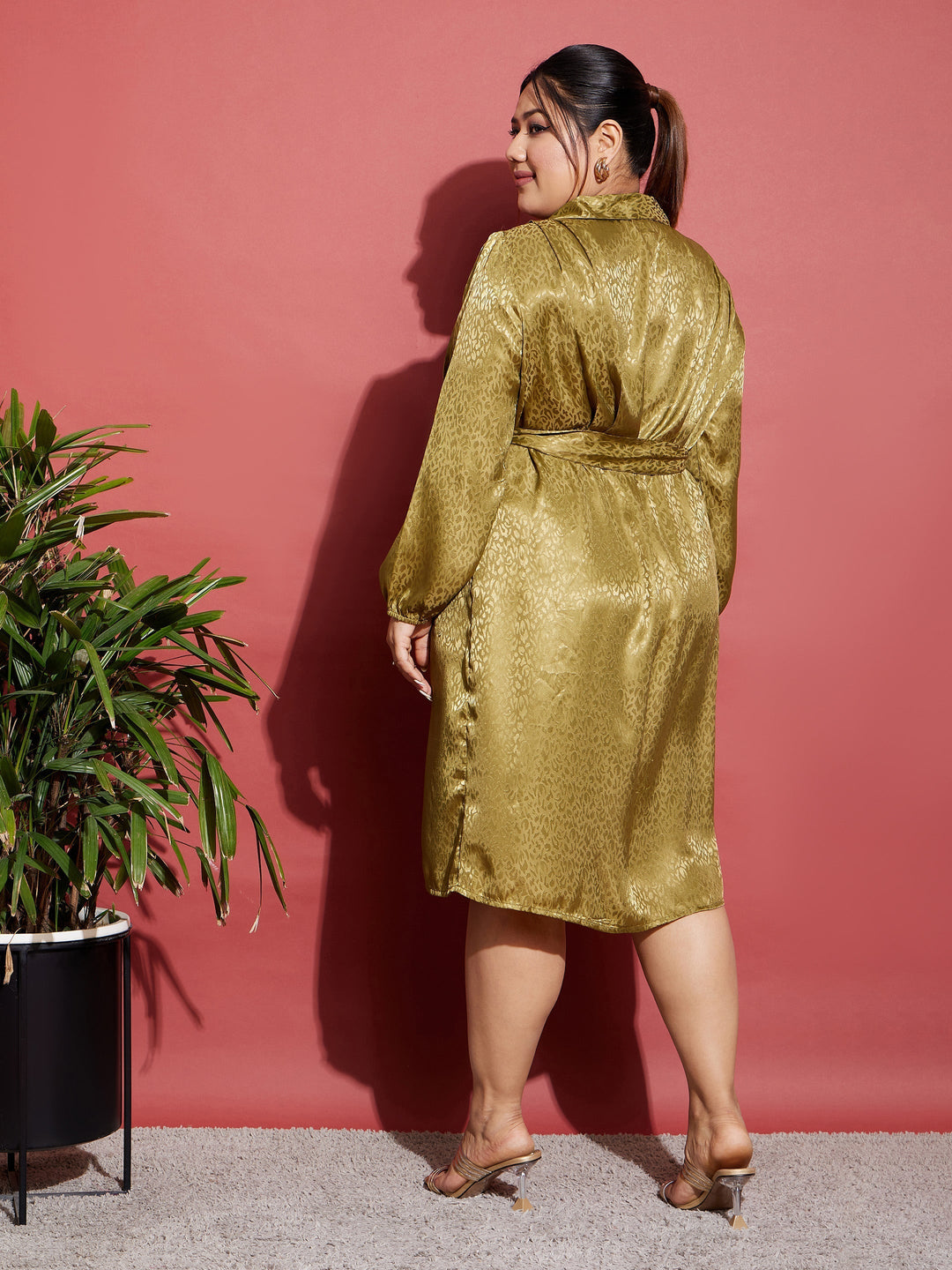 Women's Olive Satin Jacquard Belted Shirt Dress - SASSAFRAS