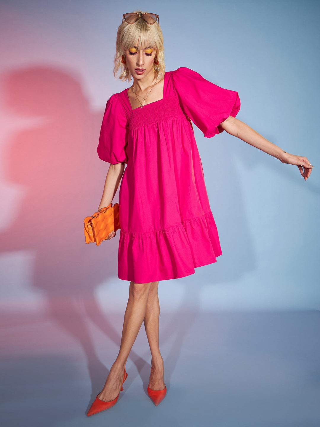 Women's Pink Puff Sleeves Short Tiered Dress - SASSAFRAS